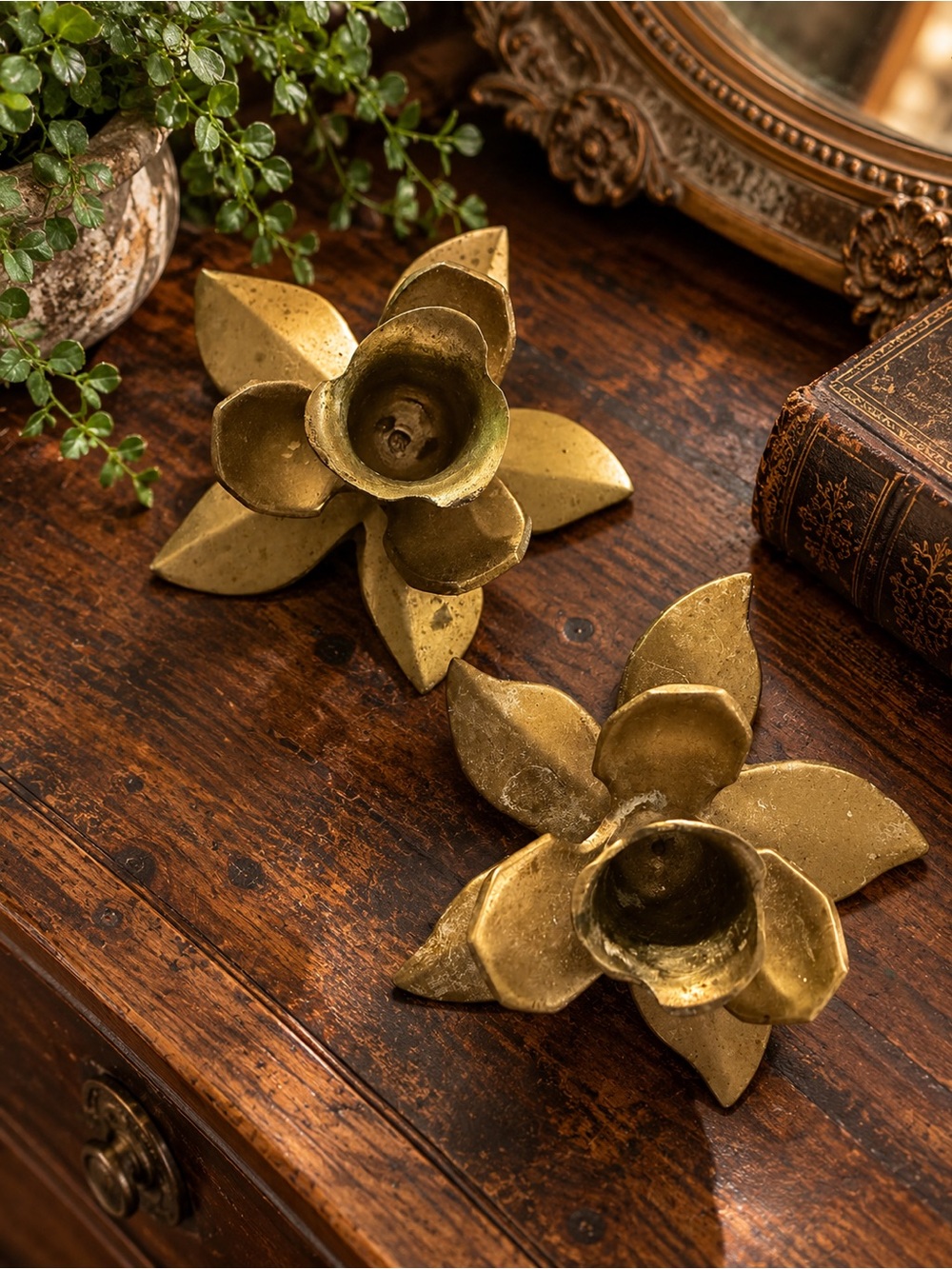 Brass Floral Candle Holders - Gold Home Accent Set